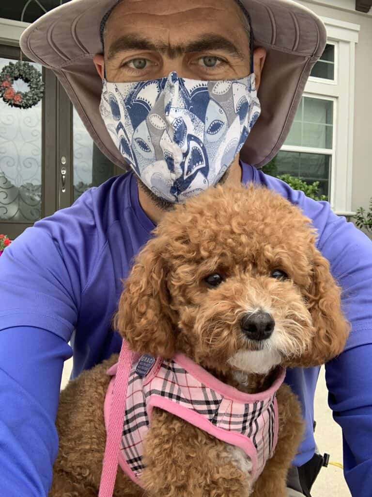 Trainer wearing a mask properly while working with a dog.